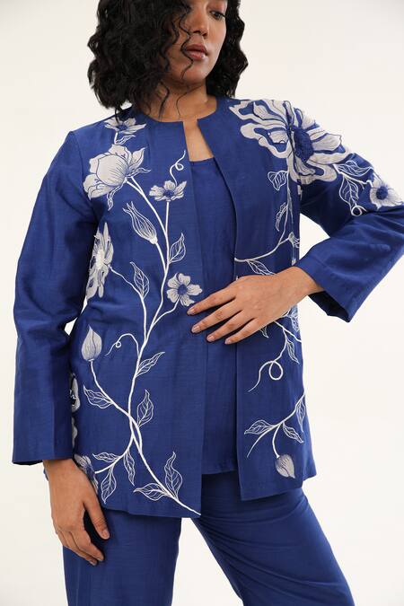 Origani_Blue Chanderi Silk, Cotton Embroidery, Applique Floral Vine Jacket Pant Set _at_Aza_Fashions