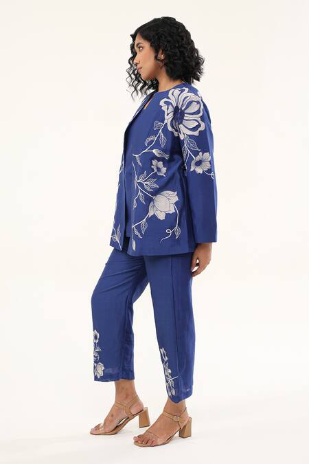Origani_Blue Chanderi Silk Lining Cotton Applique Floral Vine Open Round Neck Jacket _Online_at_Aza_Fashions