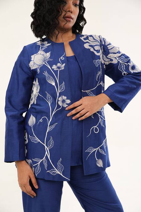Buy_Origani_Blue Chanderi Silk Lining Cotton Applique Floral Vine Open Round Neck Jacket _Online_at_Aza_Fashions