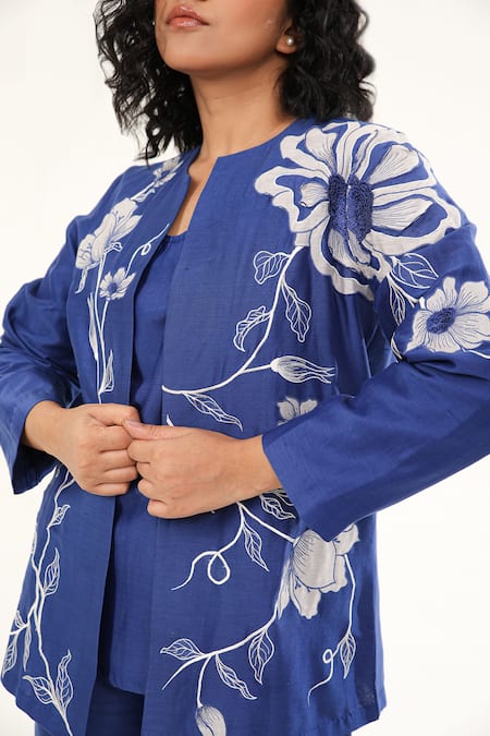 Shop_Origani_Blue Chanderi Silk Lining Cotton Applique Floral Vine Open Round Neck Jacket _Online_at_Aza_Fashions