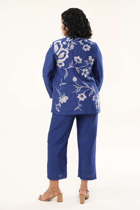 Shop_Origani_Blue Chanderi Silk Lining Cotton Applique Floral Vine Pant_at_Aza_Fashions