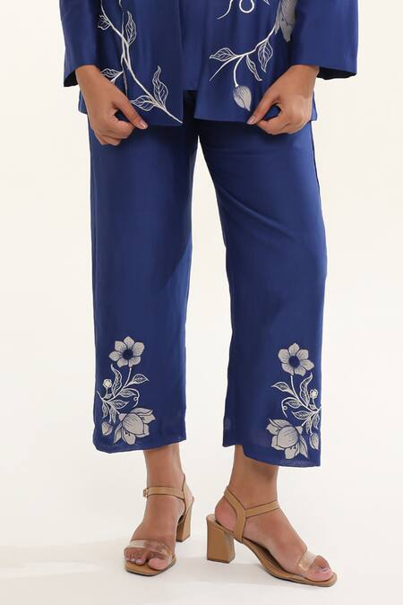 Origani_Blue Chanderi Silk Lining Cotton Applique Floral Vine Pant_Online_at_Aza_Fashions