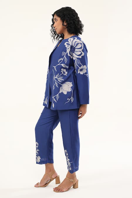 Buy_Origani_Blue Chanderi Silk Lining Cotton Applique Floral Vine Pant_Online_at_Aza_Fashions