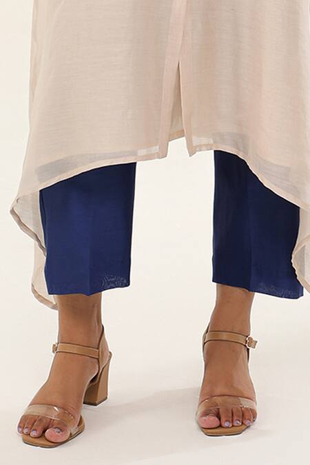 Origani Off White Chanderi Silk, Cotton Iris Bloom Applique Asymmetric Kurta With Pant Online at Aza Fashions Origani_Off White Chanderi Silk, Cotton Iris Bloom Applique Asymmetric Kurta With Pant _Online_at_Aza_Fashions