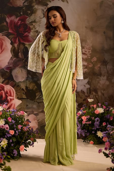 Saniya Sharma Pre-Draped Saree Set With Embellished Cape 