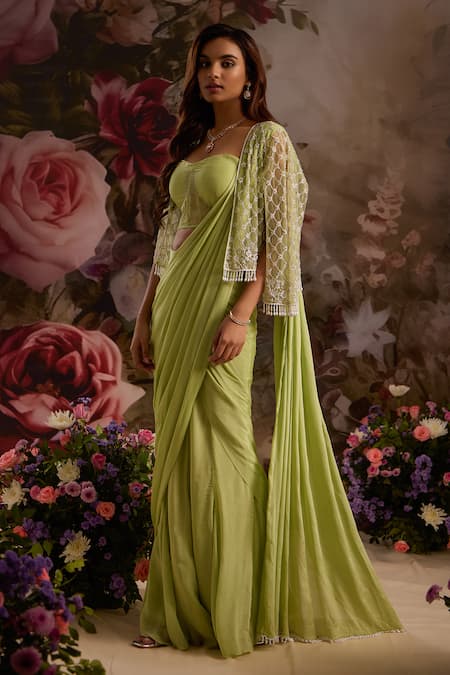 Saniya Sharma_Green Chiffon, Organza Cut Work, Pre-draped Saree Set With Embellished Cape _Online_at_Aza_Fashions