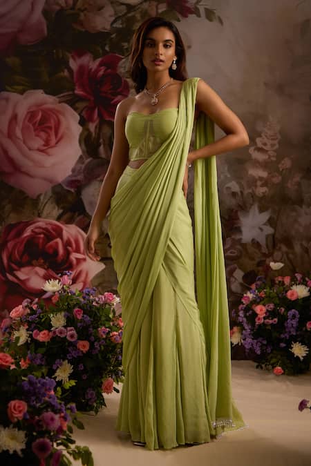 Shop_Saniya Sharma_Green Chiffon, Organza Cut Work, Pre-draped Saree Set With Embellished Cape _Online_at_Aza_Fashions