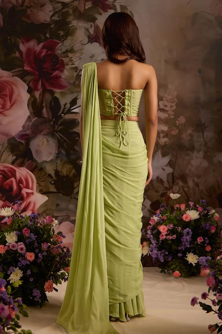 Saniya Sharma_Green Chiffon, Organza Cut Work, Pre-draped Saree Set With Embellished Cape _at_Aza_Fashions