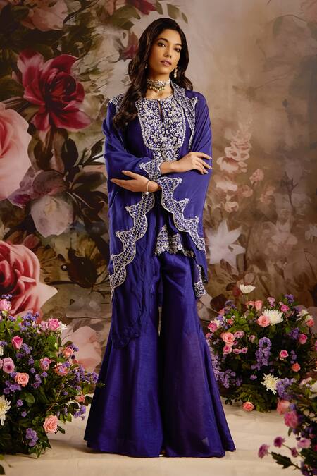 Saniya Sharma Purple Silk Cut Work, Sequins Scallop Border Embroidered Cape Sharara Set Online at Aza Fashions Saniya Sharma_Purple Silk Cut Work, Sequins Scallop Border Embroidered Cape Sharara Set _Online_at_Aza_Fashions