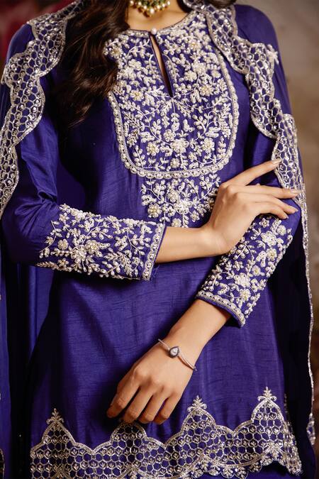 Buy Saniya Sharma Purple Silk Cut Work, Sequins Scallop Border Embroidered Cape Sharara Set Online at Aza Fashions Buy_Saniya Sharma_Purple Silk Cut Work, Sequins Scallop Border Embroidered Cape Sharara Set _Online_at_Aza_Fashions