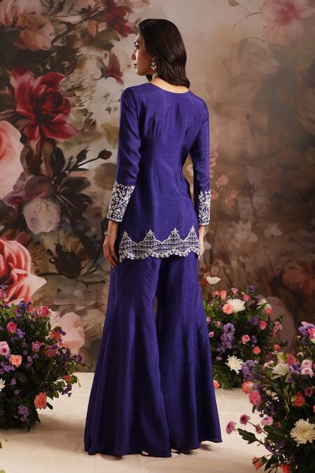 Shop Saniya Sharma Purple Silk Cut Work, Sequins Scallop Border Embroidered Cape Sharara Set Online at Aza Fashions Shop_Saniya Sharma_Purple Silk Cut Work, Sequins Scallop Border Embroidered Cape Sharara Set _Online_at_Aza_Fashions