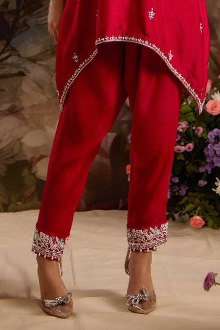 Buy_Saniya Sharma_Red Silk, Crepe Beads, Sequins, Embroidery Floral Yoke Kurta And Tulip Pant Set _Online_at_Aza_Fashions