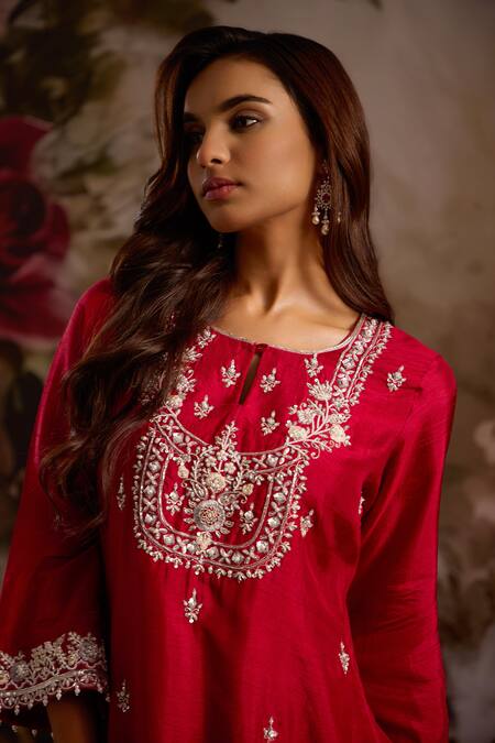 Shop_Saniya Sharma_Red Silk, Crepe Beads, Sequins, Embroidery Floral Yoke Kurta And Tulip Pant Set _Online_at_Aza_Fashions