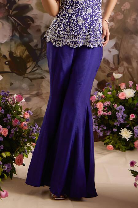 Saniya Sharma_Purple Silk Sequins, Beads Floral Embellished Short Tunic And Flared Pant Set _Online_at_Aza_Fashions