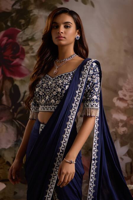 Saniya Sharma_Blue Silk, Chiffon Beads, Border Embellished Pre-draped Saree With Blouse _Online_at_Aza_Fashions