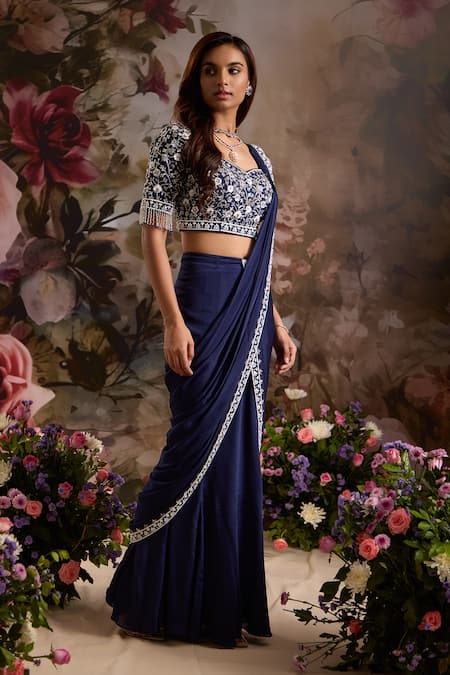 Buy_Saniya Sharma_Blue Silk, Chiffon Beads, Border Embellished Pre-draped Saree With Blouse _Online_at_Aza_Fashions