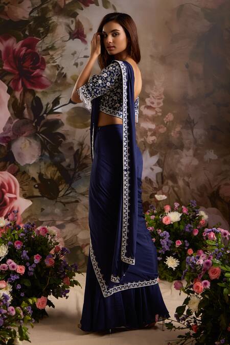 Saniya Sharma_Blue Silk, Chiffon Beads, Border Embellished Pre-draped Saree With Blouse _at_Aza_Fashions