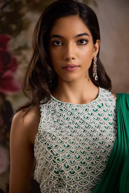 Buy_Saniya Sharma_Emerald Green Chiffon, Net Sequins, Pre-draped Saree With Embellished Blouse _Online_at_Aza_Fashions