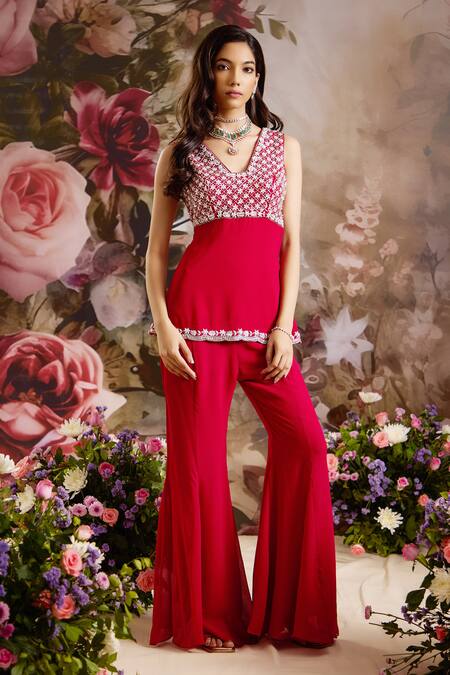 Saniya Sharma_Red Georgette Cut Work, Beads V-neck Yoke Embellished Kurta And Flared Pant Set _Online_at_Aza_Fashions