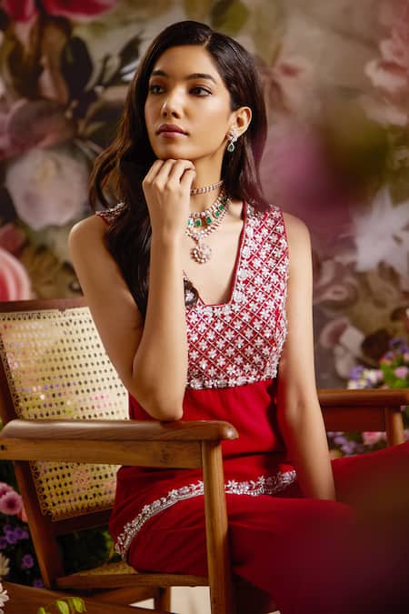 Shop_Saniya Sharma_Red Georgette Cut Work, Beads V-neck Yoke Embellished Kurta And Flared Pant Set _Online_at_Aza_Fashions