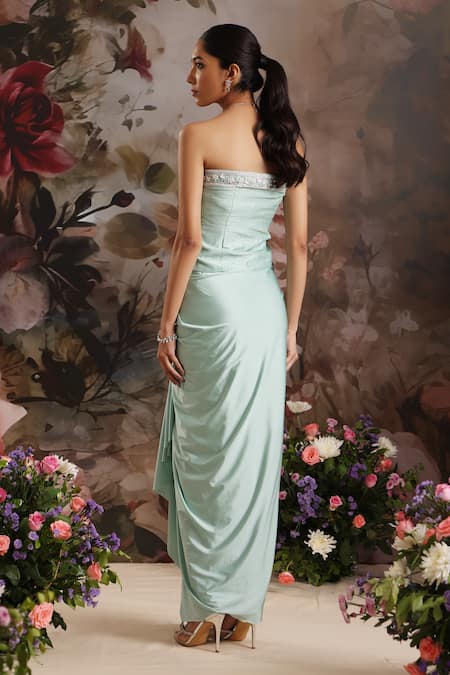 Saniya Sharma Stripe Embellished Tube Top & Draped Skirt Set 