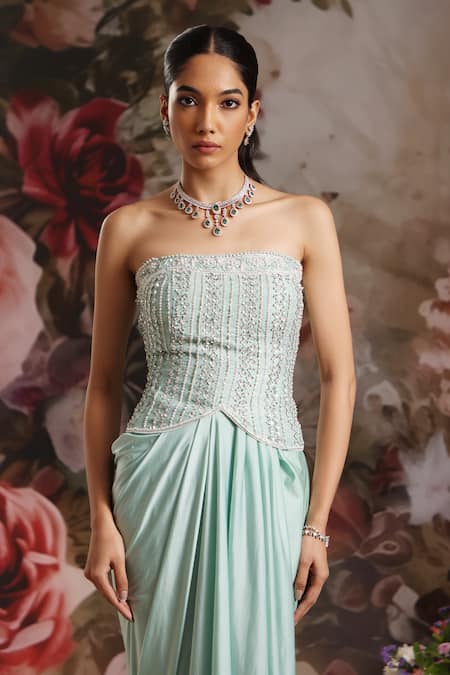 Saniya Sharma Green Silk, Lycra Sequins, Beads Stripe Embellished Tube Top And Draped Skirt Set Online at Aza Fashions Saniya Sharma_Green Silk, Lycra Sequins, Beads Stripe Embellished Tube Top And Draped Skirt Set _Online_at_Aza_Fashions