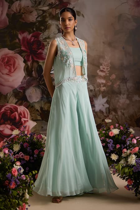 Saniya Sharma Green Georgette, Organza Sequins, Beads Square Neck Embellished Cape Sharara Set Online at Aza Fashions Saniya Sharma_Green Georgette, Organza Sequins, Beads Square Neck Embellished Cape Sharara Set _Online_at_Aza_Fashions