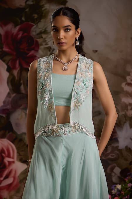 Buy Saniya Sharma Green Georgette, Organza Sequins, Beads Square Neck Embellished Cape Sharara Set Online at Aza Fashions Buy_Saniya Sharma_Green Georgette, Organza Sequins, Beads Square Neck Embellished Cape Sharara Set _Online_at_Aza_Fashions