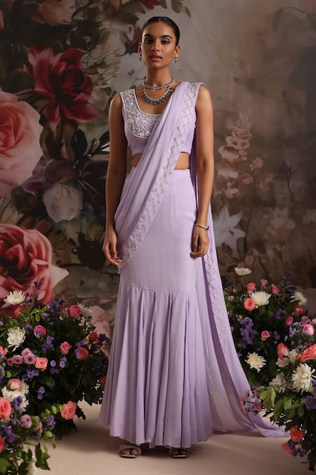 Saniya Sharma Purple Chiffon, Georgette Pre-draped Skirt Saree With Embellished Blouse Online at Aza Fashions Saniya Sharma_Purple Chiffon, Georgette Pre-draped Skirt Saree With Embellished Blouse _Online_at_Aza_Fashions