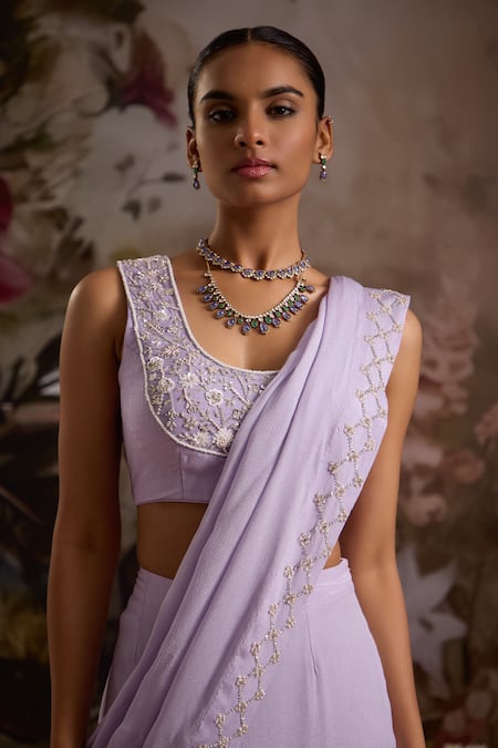 Buy Saniya Sharma Purple Chiffon, Georgette Pre-draped Skirt Saree With Embellished Blouse Online at Aza Fashions Buy_Saniya Sharma_Purple Chiffon, Georgette Pre-draped Skirt Saree With Embellished Blouse _Online_at_Aza_Fashions