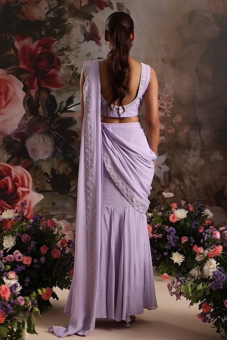 Shop Saniya Sharma Purple Chiffon, Georgette Pre-draped Skirt Saree With Embellished Blouse Online at Aza Fashions Shop_Saniya Sharma_Purple Chiffon, Georgette Pre-draped Skirt Saree With Embellished Blouse _Online_at_Aza_Fashions