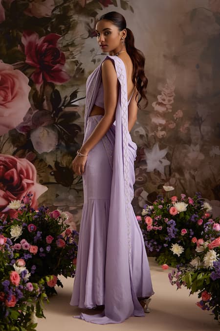 Saniya Sharma Purple Chiffon, Georgette Pre-draped Skirt Saree With Embellished Blouse at Aza Fashions Saniya Sharma_Purple Chiffon, Georgette Pre-draped Skirt Saree With Embellished Blouse _at_Aza_Fashions