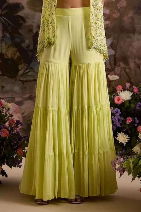 Saniya Sharma_Green Crepe, Organza, Chiffon Sequins, Beads Embellished Jacket Sharara Set _Online_at_Aza_Fashions
