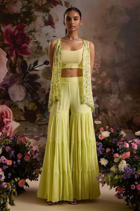 Buy_Saniya Sharma_Green Crepe, Organza, Chiffon Sequins, Beads Embellished Jacket Sharara Set _Online_at_Aza_Fashions