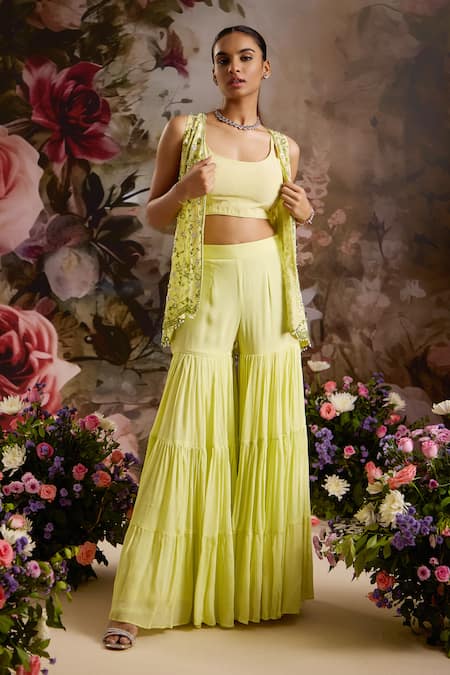 Shop_Saniya Sharma_Green Crepe, Organza, Chiffon Sequins, Beads Embellished Jacket Sharara Set _Online_at_Aza_Fashions