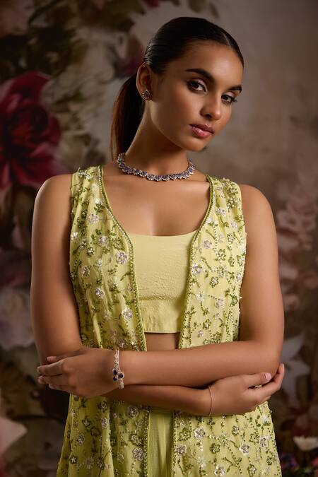 Saniya Sharma_Green Crepe, Organza, Chiffon Sequins, Beads Embellished Jacket Sharara Set _at_Aza_Fashions