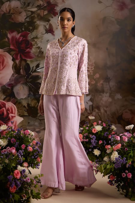 Saniya Sharma Purple Silk Embellished Zardozi V Neck Floral Jacket And Flared Pant Set 