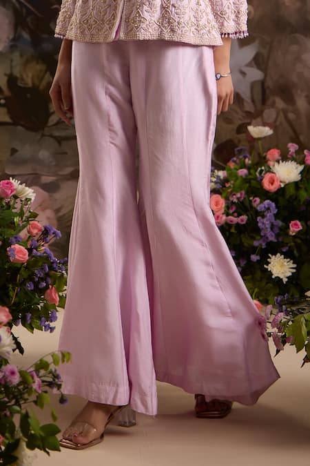 Saniya Sharma Purple Silk Beads, Zari V-neck Floral Embellished Jacket And Flared Pant Set Online at Aza Fashions Saniya Sharma_Purple Silk Beads, Zari V-neck Floral Embellished Jacket And Flared Pant Set _Online_at_Aza_Fashions