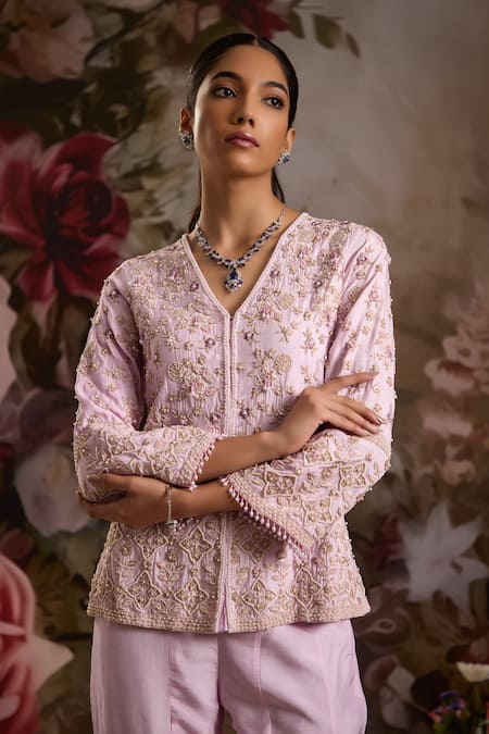 Buy Saniya Sharma Purple Silk Beads, Zari V-neck Floral Embellished Jacket And Flared Pant Set Online at Aza Fashions Buy_Saniya Sharma_Purple Silk Beads, Zari V-neck Floral Embellished Jacket And Flared Pant Set _Online_at_Aza_Fashions