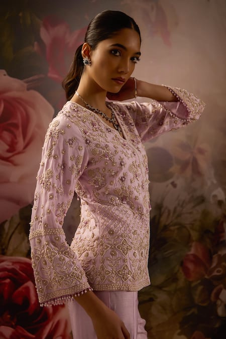 Shop Saniya Sharma Purple Silk Beads, Zari V-neck Floral Embellished Jacket And Flared Pant Set Online at Aza Fashions Shop_Saniya Sharma_Purple Silk Beads, Zari V-neck Floral Embellished Jacket And Flared Pant Set _Online_at_Aza_Fashions