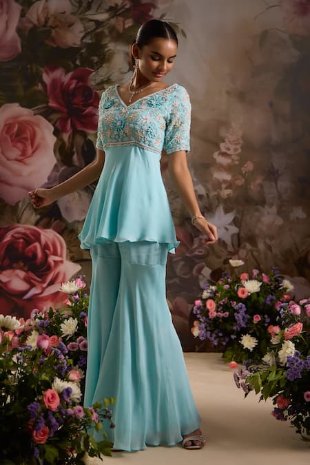 Saniya Sharma Blue Chiffon Embellished Cutdana V Neck Flower Peplum Tunic And Sharara Set 