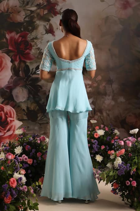 Saniya Sharma Flower Embellished Peplum Tunic & Sharara Set 