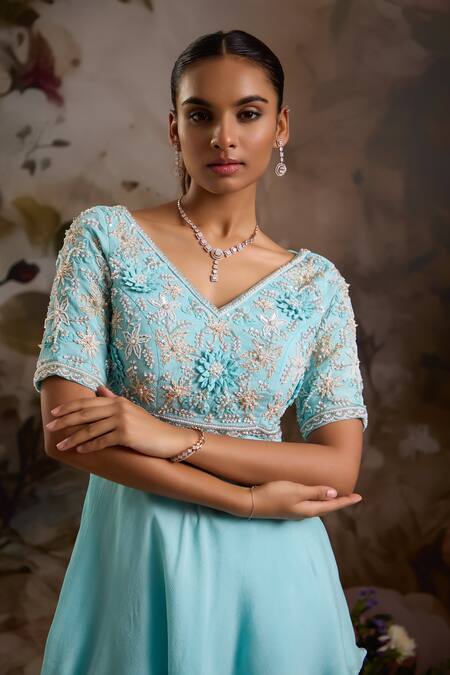 Saniya Sharma Blue Chiffon Cut Work, Sequins, Flower Embellished Peplum Tunic And Sharara Set Online at Aza Fashions Saniya Sharma_Blue Chiffon Cut Work, Sequins, Flower Embellished Peplum Tunic And Sharara Set _Online_at_Aza_Fashions
