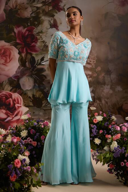 Shop Saniya Sharma Blue Chiffon Cut Work, Sequins, Flower Embellished Peplum Tunic And Sharara Set Online at Aza Fashions Shop_Saniya Sharma_Blue Chiffon Cut Work, Sequins, Flower Embellished Peplum Tunic And Sharara Set _Online_at_Aza_Fashions