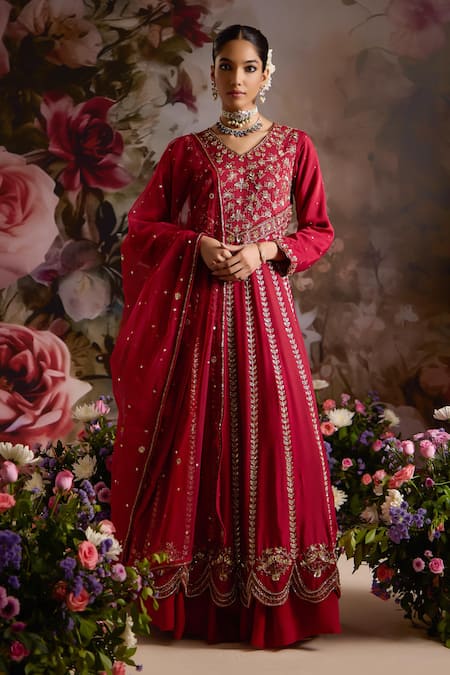 Saniya Sharma Red Anarkali Silk Embellished Sequin V Neck Floral Set 