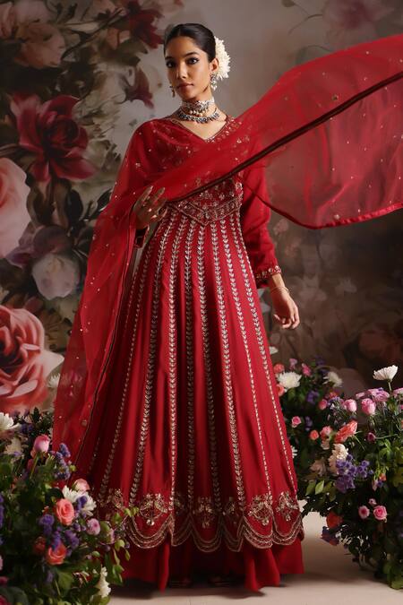 Buy Saniya Sharma Red Silk, Net, Georgette Embroidery, Sequins, Floral Embellished Anarkali Set Online at Aza Fashions Buy_Saniya Sharma_Red Silk, Net, Georgette Embroidery, Sequins, Floral Embellished Anarkali Set _Online_at_Aza_Fashions
