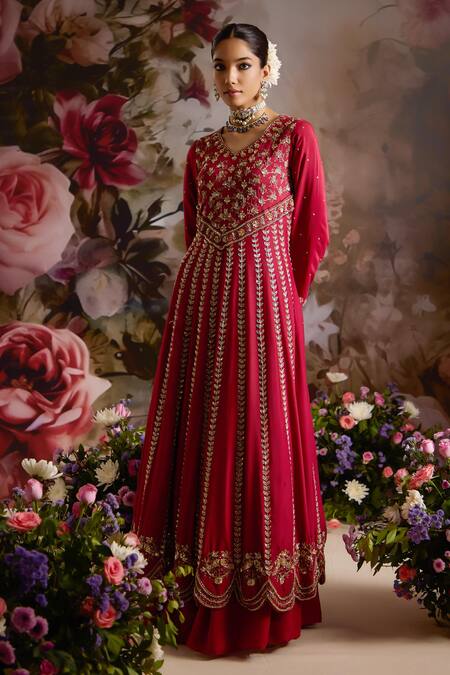 Shop Saniya Sharma Red Silk, Net, Georgette Embroidery, Sequins, Floral Embellished Anarkali Set Online at Aza Fashions Shop_Saniya Sharma_Red Silk, Net, Georgette Embroidery, Sequins, Floral Embellished Anarkali Set _Online_at_Aza_Fashions
