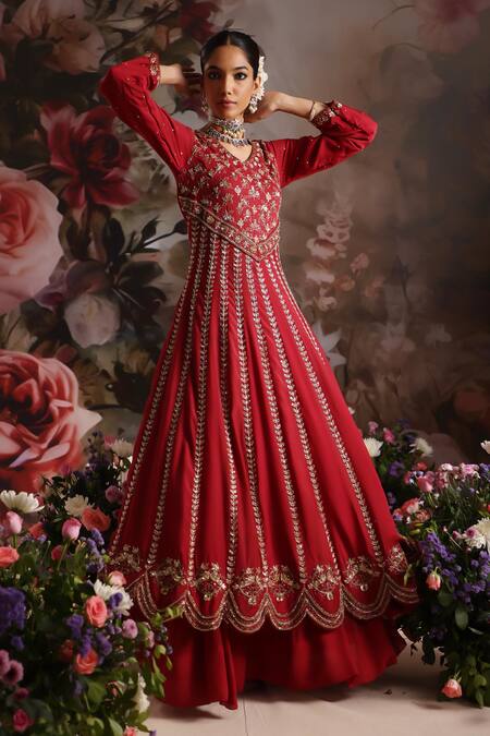 Buy Saniya Sharma Red Silk, Net, Georgette Embroidery, Sequins, Floral Embellished Anarkali Set Buy_Saniya Sharma_Red Silk, Net, Georgette Embroidery, Sequins, Floral Embellished Anarkali Set