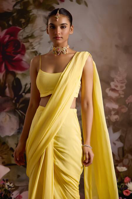 Saniya Sharma_Yellow Chiffon, Net Scoop Neck Pre-draped Saree Set With Bead Embellished Cape _Online_at_Aza_Fashions