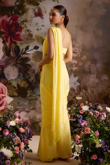 Buy_Saniya Sharma_Yellow Chiffon, Net Scoop Neck Pre-draped Saree Set With Bead Embellished Cape 